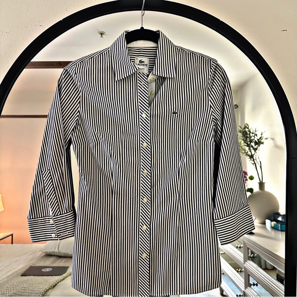 Lacoste 3/4 Sleeves Polo in Chambray/White Stripe 34/S NWOT